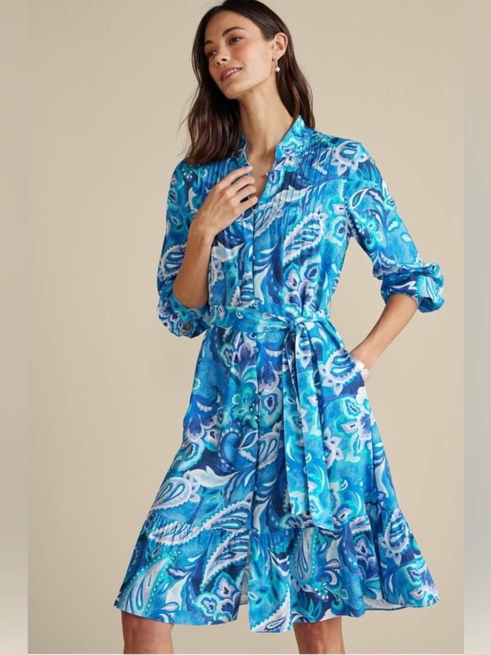 Soft Surroundings Feyre Short Dress Blue Green Paisley Cotton MP Medium Petite